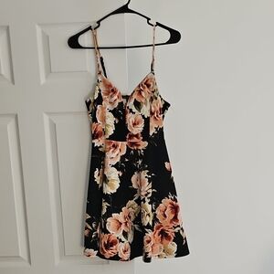 Haute Monde Black Mini Dress with Peach & Cream Floral Print